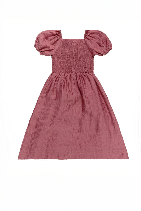 Pink dress with puff sleeves on a white background