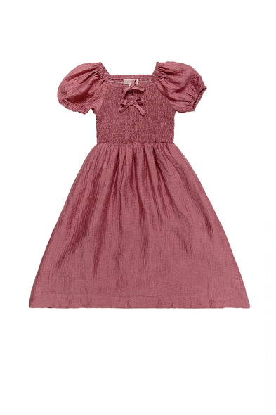 Pink dress with puff sleeves on a white background