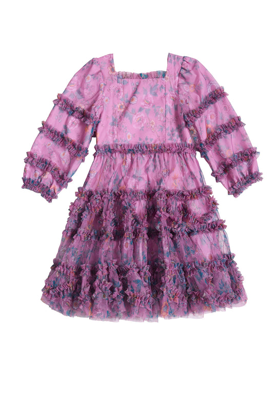 the front of a purple floral childrens dress against a white background