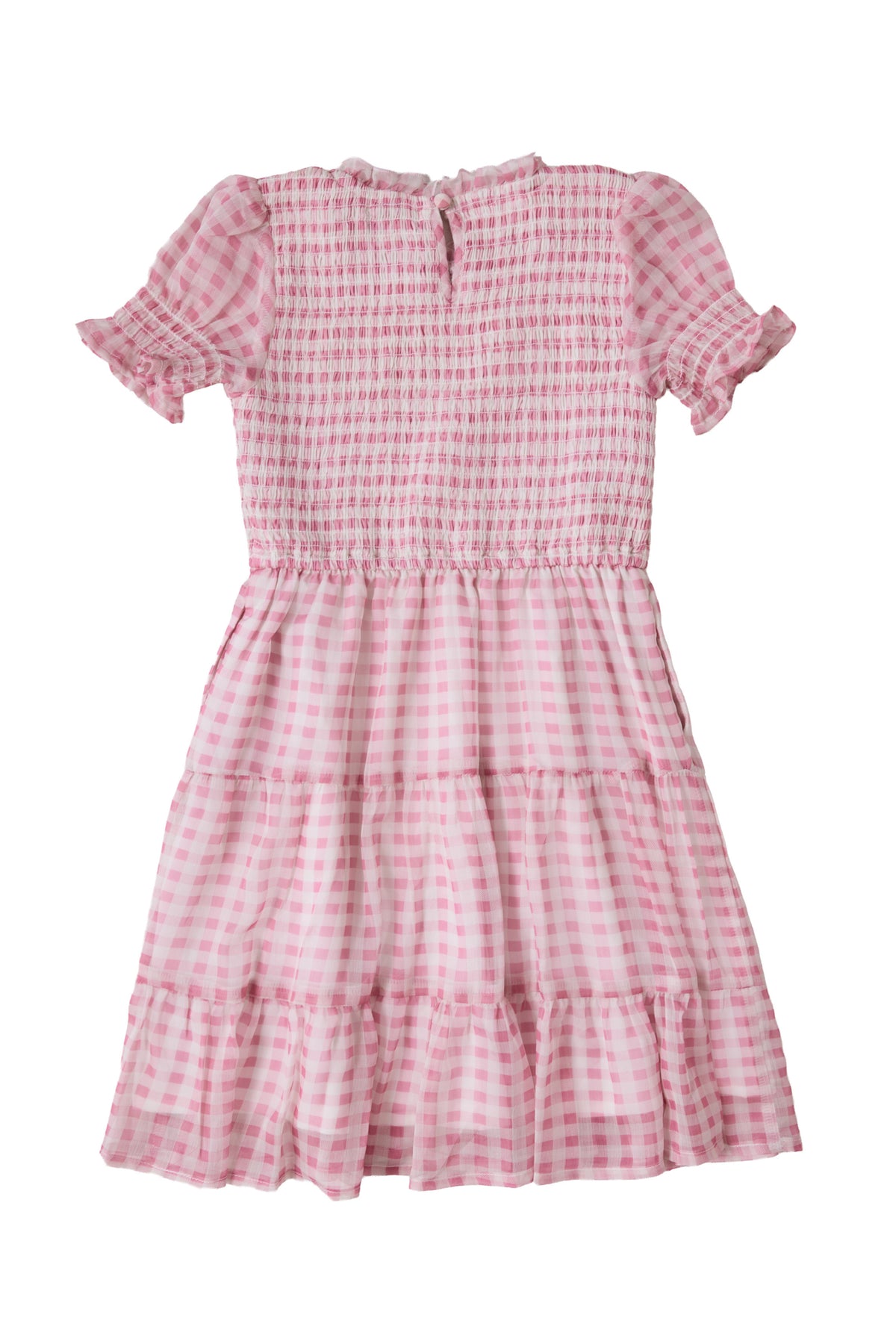 The Ivy City Co Mini Cordelia Dress in Desert Rose Gingham is a girls’ spring dress with a pink and white gingham pattern, smocked bodice, ruffled sleeves, and tiered ruffled skirt, shown on a white background.