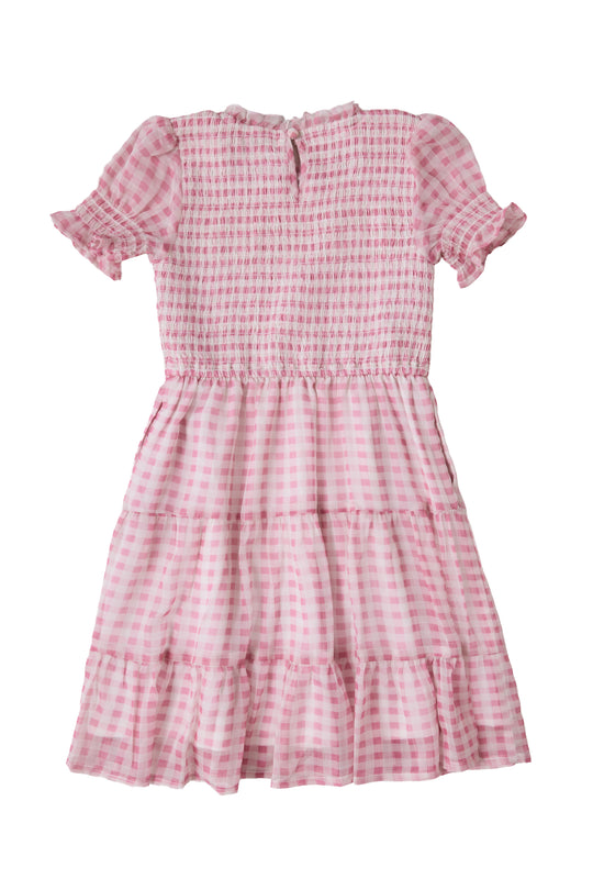 The Ivy City Co Mini Cordelia Dress in Desert Rose Gingham is a girls’ spring dress with a pink and white gingham pattern, smocked bodice, ruffled sleeves, and tiered ruffled skirt, shown on a white background.