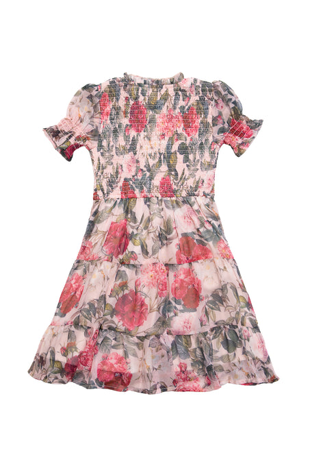 The Mini Cordelia Dress in Pink Bloom by Ivy City Co is a knee-length chiffon dress with short puffed sleeves, a smocked bodice, ruffled skirt, and red and green floral pattern on light fabric.