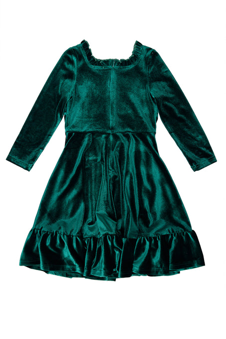 Green velvet dress with long sleeves on a white background