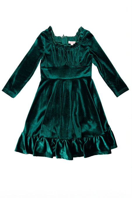 Green velvet dress with long sleeves on a white background