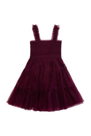 Maroon dress with ruffled straps on a white background