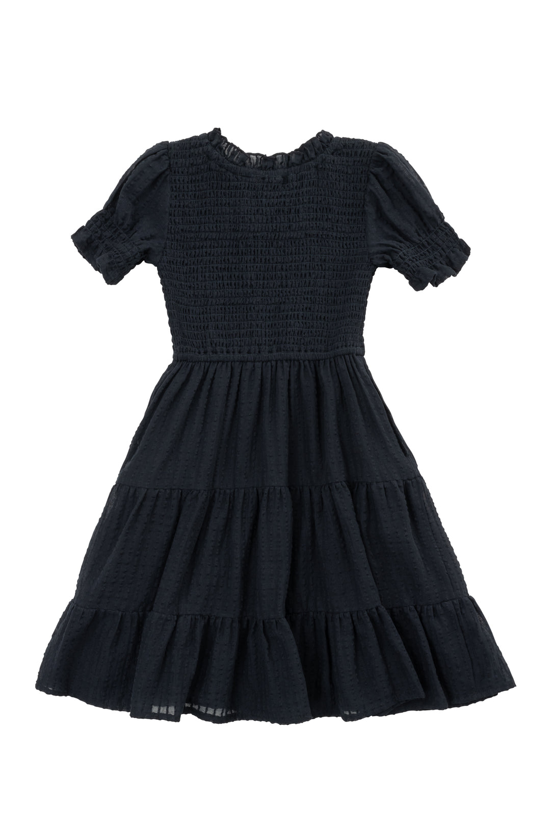 The Ivy City Co Mini Ellery Dress in Black features a smocked bodice, short ruffled sleeves, and a tiered skirt in lightweight textured fabric—perfect for classic matching looks with mom.