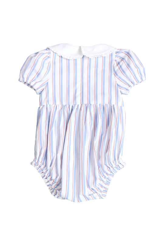 The Mini Emery Dress in Heritage Stripe by Ivy City Co features short puff sleeves, a white Peter Pan collar, and red and white stripes on blue—perfect for summer with gathered leg openings and a comfy, loose fit.