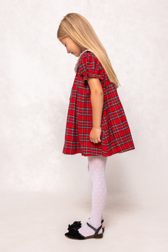 Young girl wearing a red plaid dress on a white background