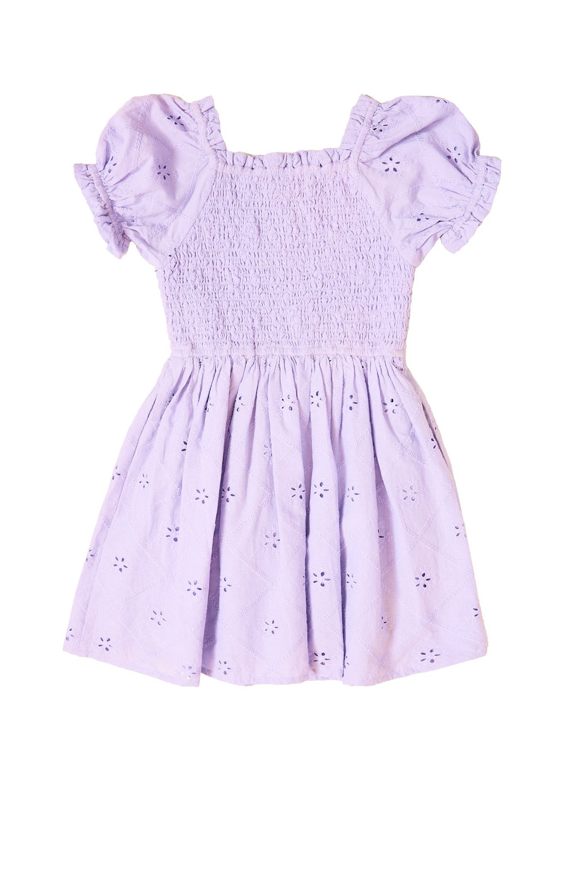 Introducing the Mini Emmi Dress in Lilac by Ivy City Co—a charming light purple toddler dress featuring short puff sleeves, ruffled trim, smocked bodice, and an eyelet floral pattern. This delightful lilac dress is perfect for spring!.