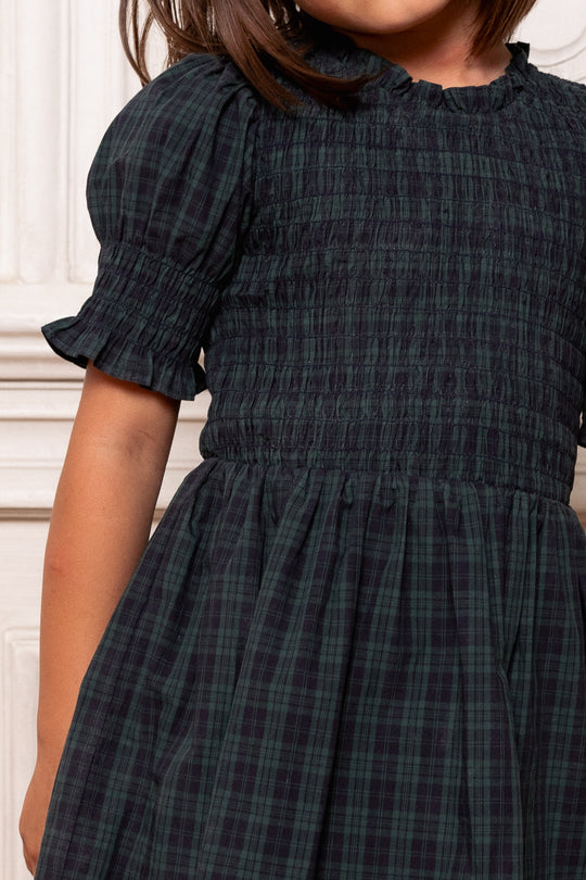 Child wearing a dark plaid dress with puffed sleeves against a white background