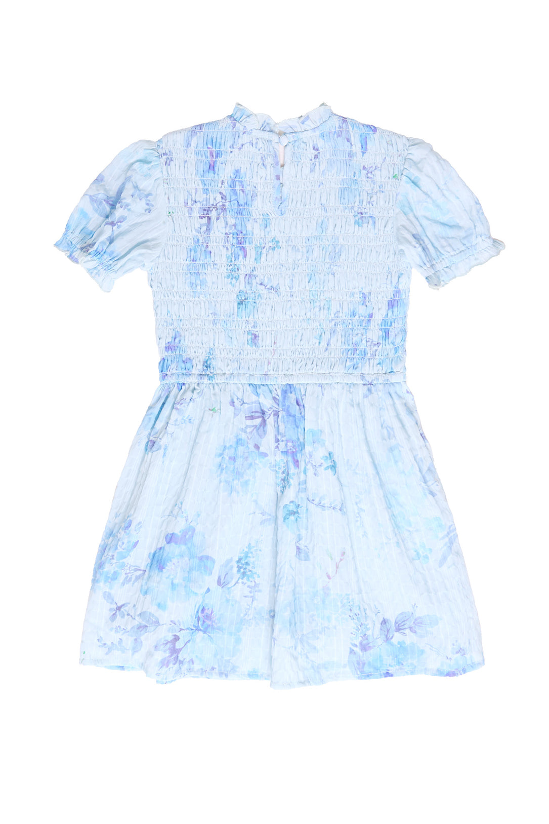 the back of a blue floral dress against a white background