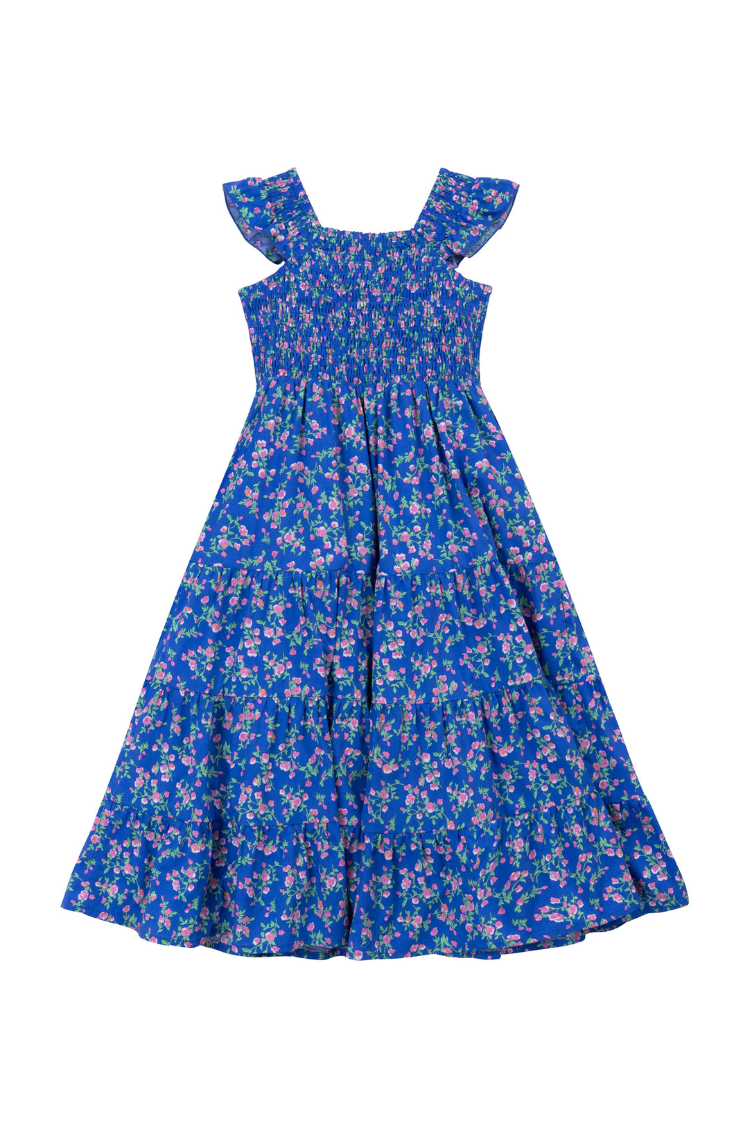 The Mini Hailey Dress in Allie Blue Floral by Ivy City Co is a sleeveless dress featuring ruffled straps, a smocked bodice, and a flared, ankle-length skirt with pink and green floral patterns.