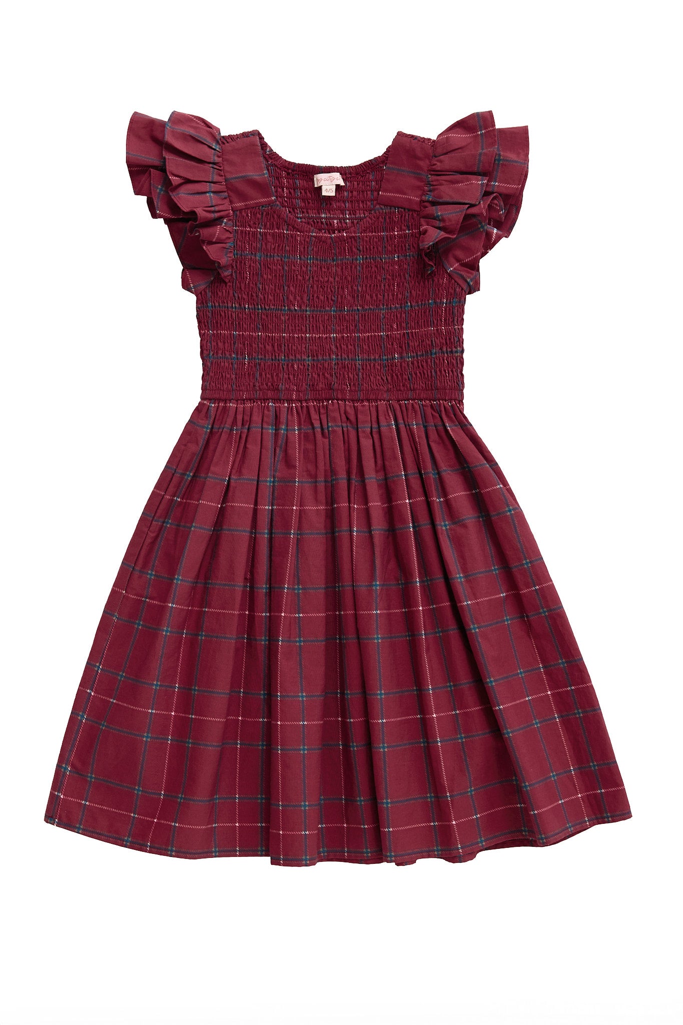 The Ivy City Co Mini Hattie Dress in Burgundy Plaid is a girls’ cotton dress with a smocked, ruffled bodice, short flutter sleeves, and a classic blue and white plaid skirt for an elegant, timeless look.