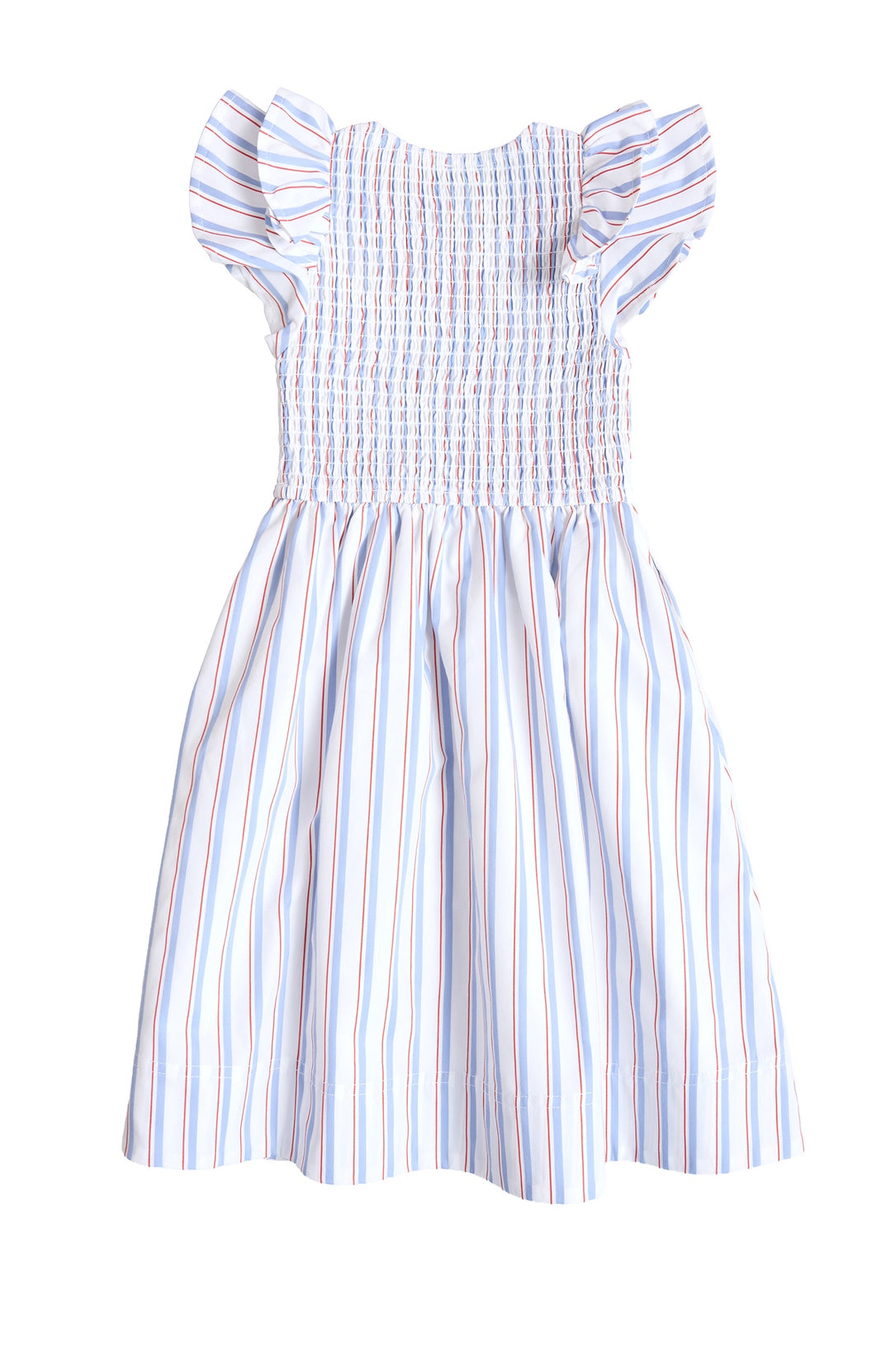 The Mini Hattie Dress in Heritage Stripe by Ivy City Co is a sleeveless children's dress with blue and red vertical stripes, ruffled cap sleeves, a smocked bodice, and flared skirt—perfect for Fourth of July. Shown on a white background.