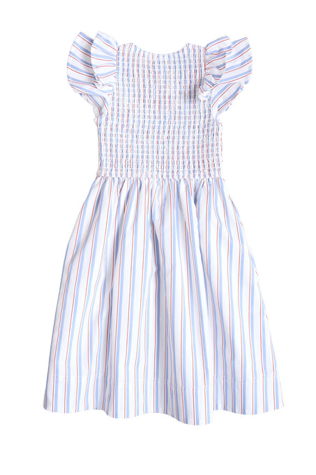 The Mini Hattie Dress in Heritage Stripe by Ivy City Co is a sleeveless children's dress with blue and red vertical stripes, ruffled cap sleeves, a smocked bodice, and flared skirt—perfect for Fourth of July. Shown on a white background.