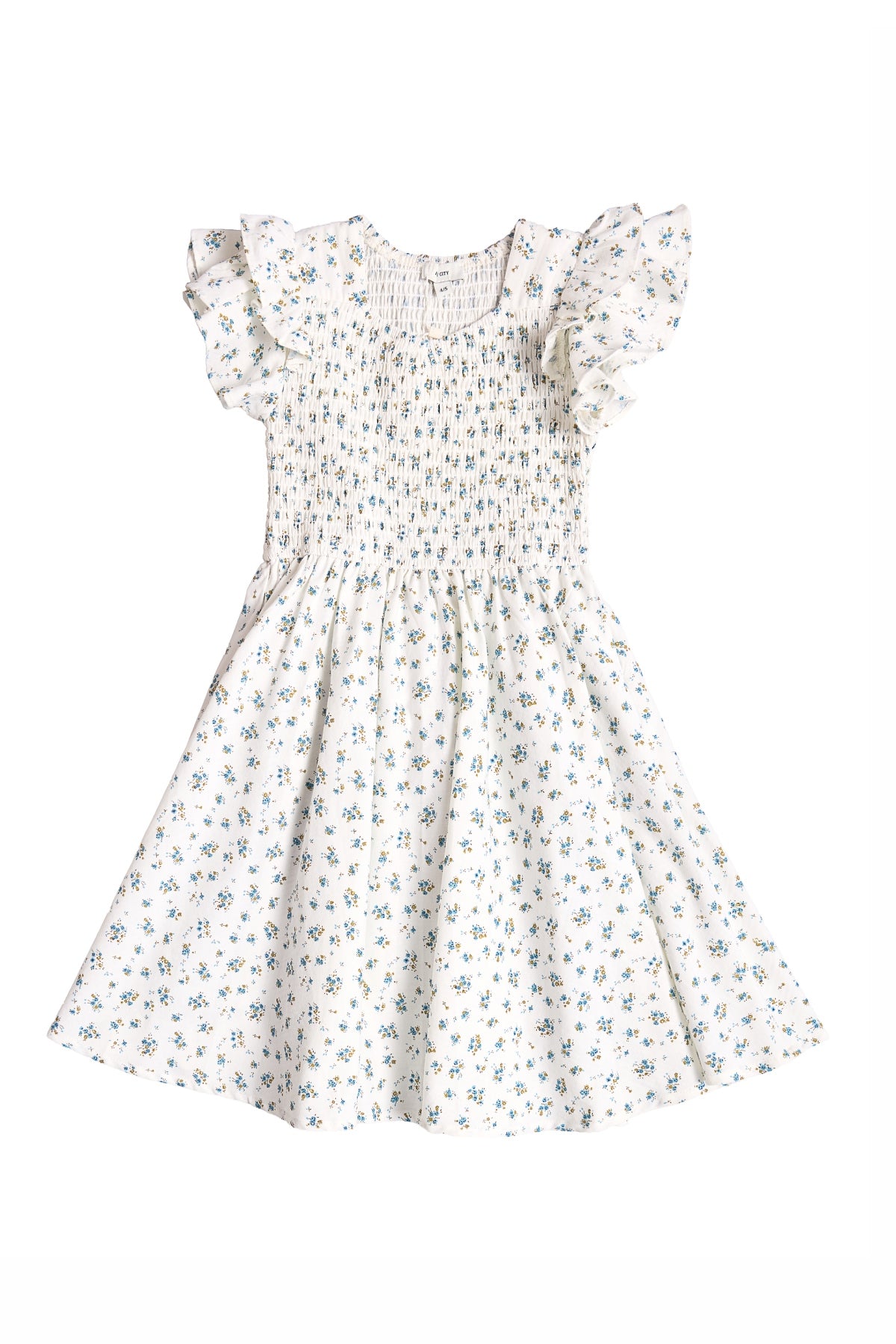 The Mini Hattie Dress in Madeline Blue by Ivy City Co is a charming girls’ cotton midi dress featuring a smocked bodice, ruffled short sleeves, flared skirt, and blue floral pattern on white—perfect for any occasion.