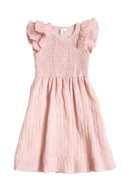 The Mini Hattie Dress in Pink Stripes by Ivy City Co is a light pink, short-sleeved girls' summer dress with ruffled sleeves, a smocked bodice, and a crinkled skirt—perfect for Mom and Me matching moments.
