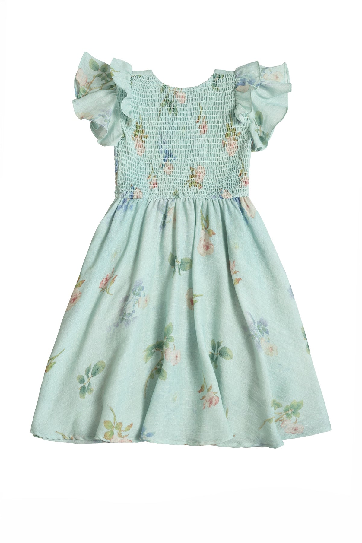 The Mini Hattie Dress in Roselyn Blue by Ivy City Co is a soft cotton-linen dress for young children, featuring short ruffled sleeves, a smocked bodice, flared skirt, and delicate pastel floral print for added charm.