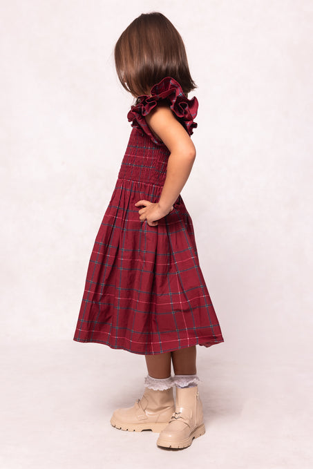 Child wearing a red plaid dress with ruffled sleeves on a white background