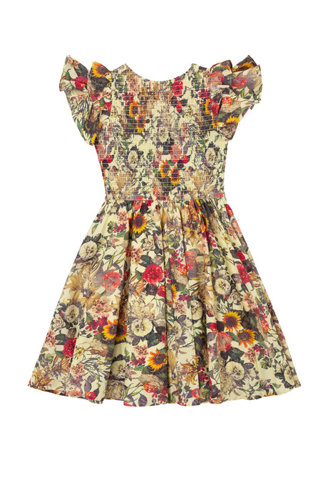 The Mini Hattie Dress in Rose Vine by Ivy City Co is a knee-length, short-sleeved dress with ruffled sleeves, a shirred bodice, and a vibrant Rose Vine floral print on 100% cotton for breezy comfort.