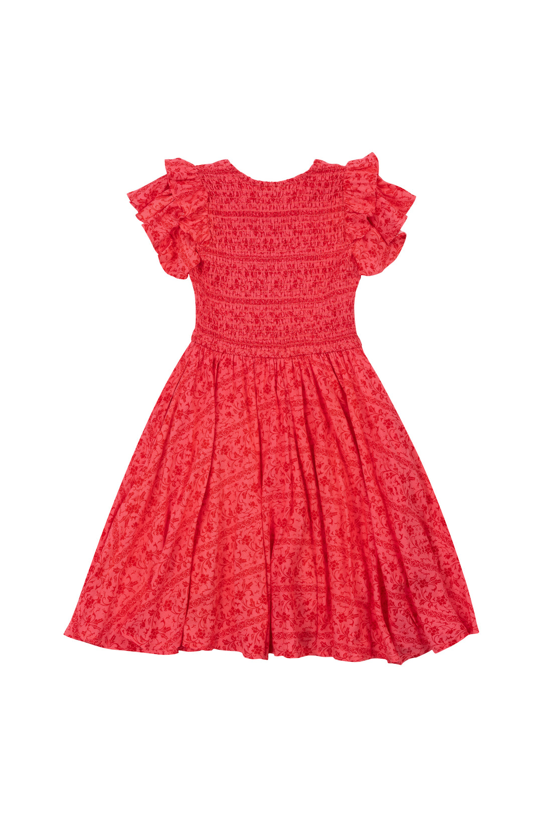The Ivy City Co Mini Hattie Dress in Crimson Pink is a girls’ cotton midi dress with a smocked bodice, ruffled short sleeves, and a floral-patterned flared skirt, shown laid flat on a white background.