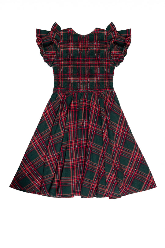 Red and green plaid dress with ruffled sleeves on a white background