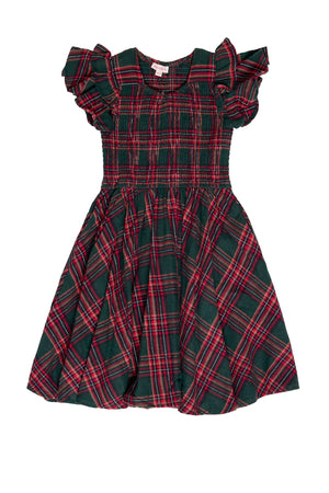 Plaid dress with ruffled sleeves on a white background