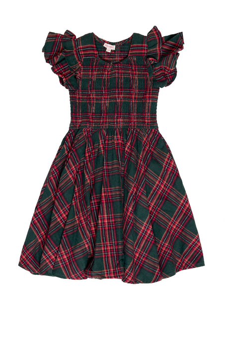 Plaid dress with ruffled sleeves on a white background
