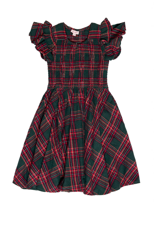 Plaid dress with ruffled sleeves on a white background
