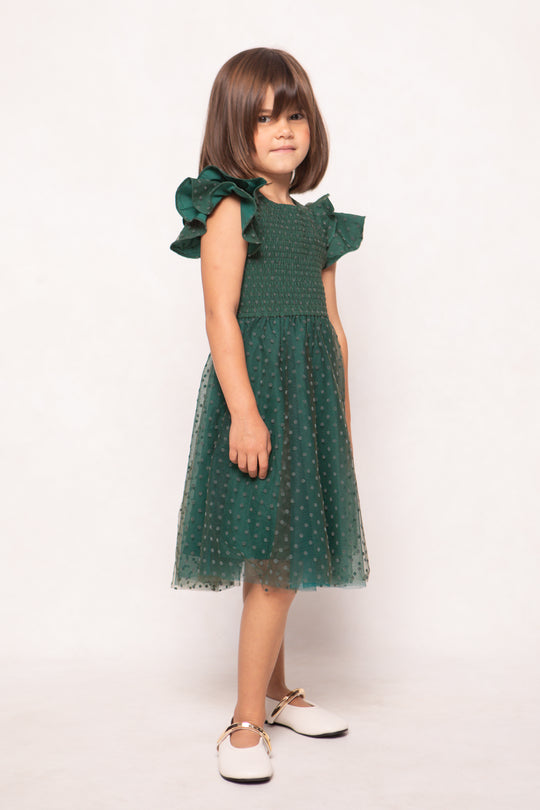 Mini Hattie Dress in Green Flocked Dot Tulle