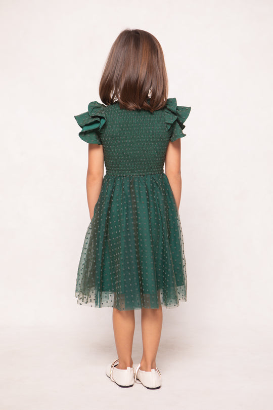 Mini Hattie Dress in Green Flocked Dot Tulle