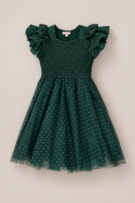 The Mini Hattie Dress in Green Flocked Dot Tulle by Ivy City Co features short ruffled sleeves, a smocked bodice, and a full skirt crafted from green flocked dot tulle fabric, displayed flat on a neutral background—perfect for matching mommy-and-me moments.