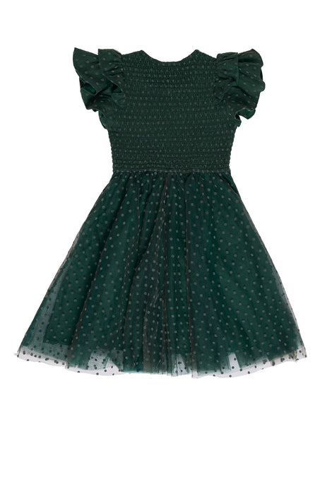 Green polka dot dress with ruffled sleeves on a white background