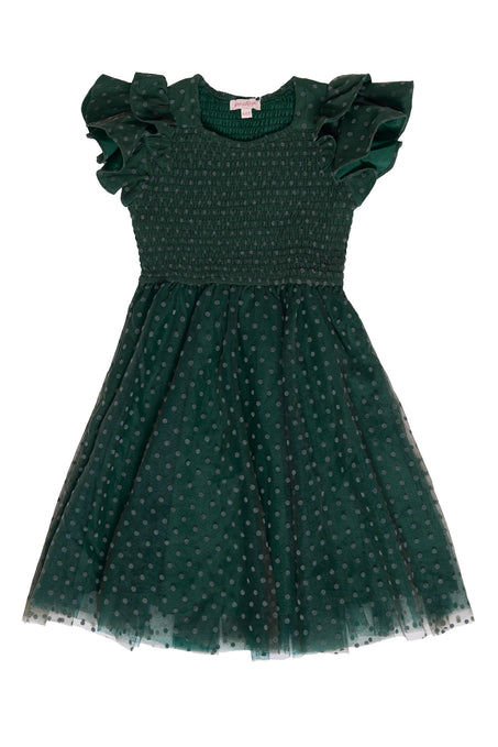 Green polka dot dress with ruffled sleeves on a white background