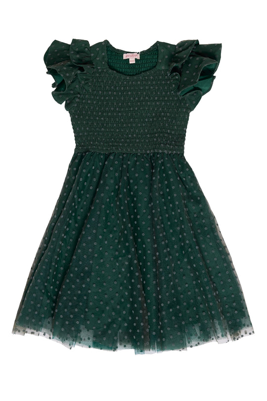 Green polka dot dress with ruffled sleeves on a white background