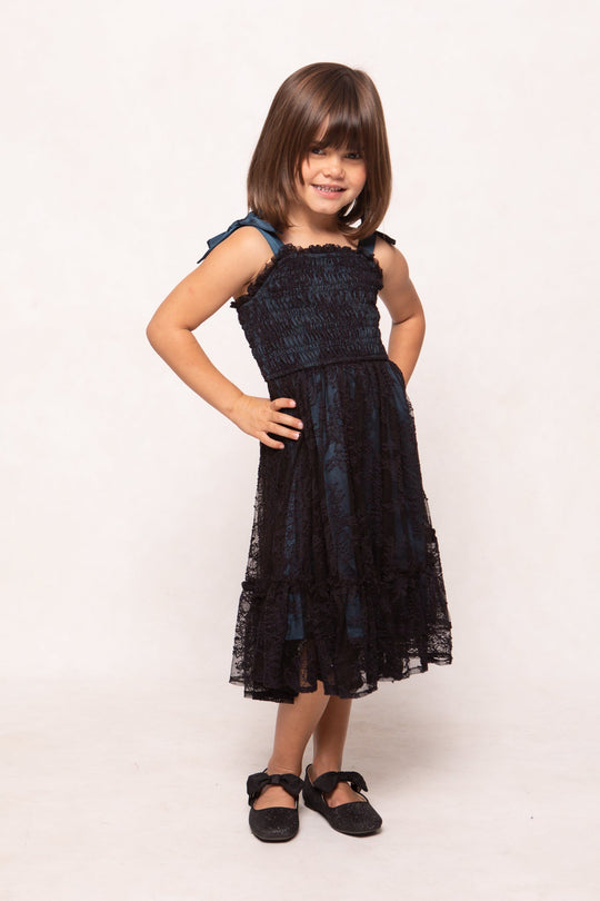 navy dress with black shoes Girls Isadora Lace in & 11/12 Color::#12-American Beauty making it ideal for REUNION DROP 5 Peaches Asymmetric Ruffle Maxi