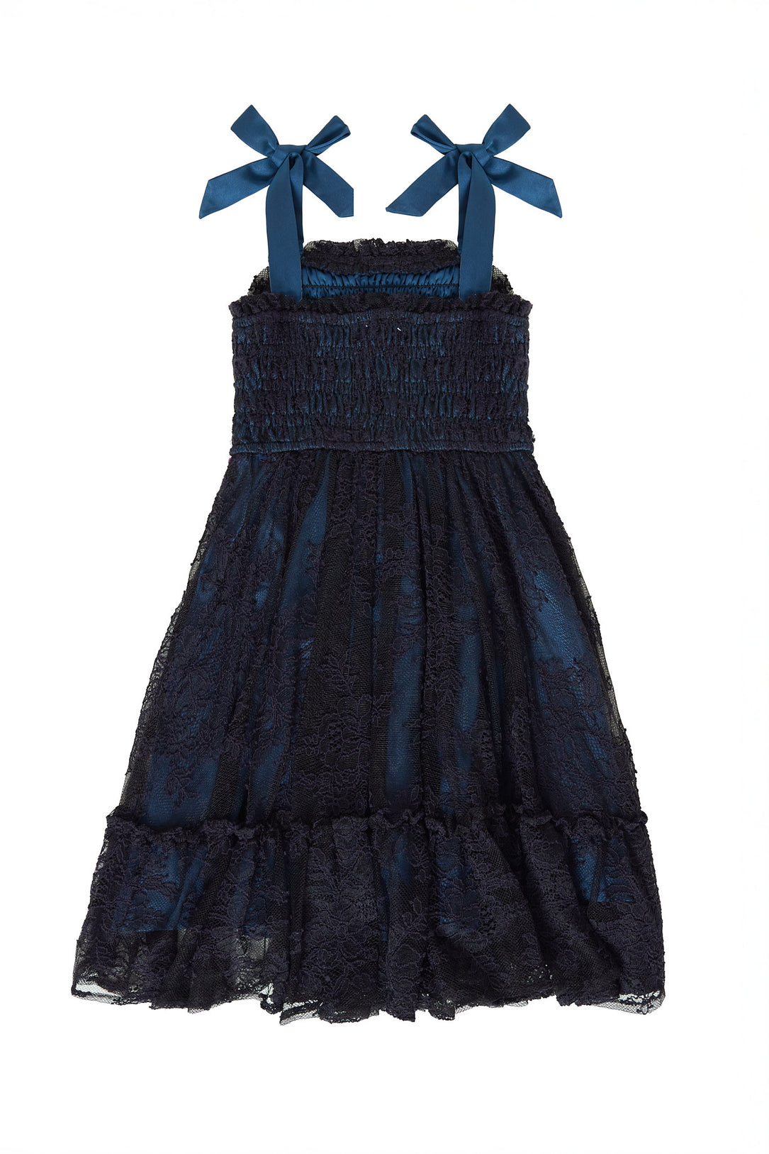 Navy blue dress with bow straps on a white background