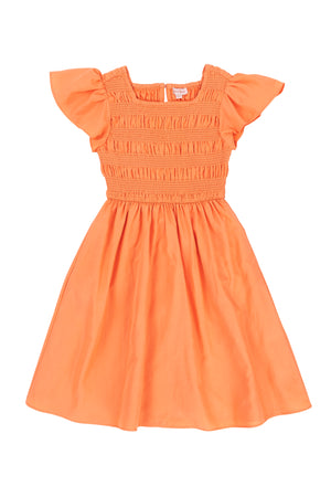 The Mini Janessa Dress in Orange by Ivy City Co is a girls seersucker dress featuring short flutter sleeves, a smocked bodice, and a gathered flared skirt, shown against a white background.