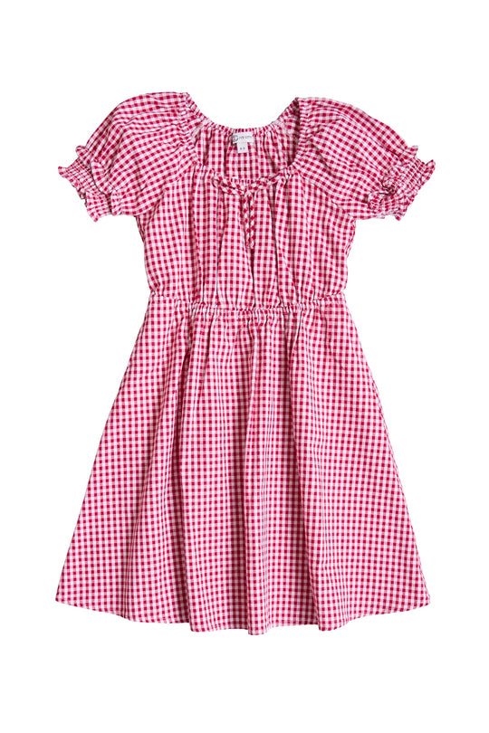 The Mini Jessie Dress in Red Gingham by Ivy City Co is a girls' short-sleeve, knee-length gingham dress with red and white checks, gathered waist, ruffled neckline, and elasticized sleeves—ideal for the Fourth of July. Displayed on a white background.