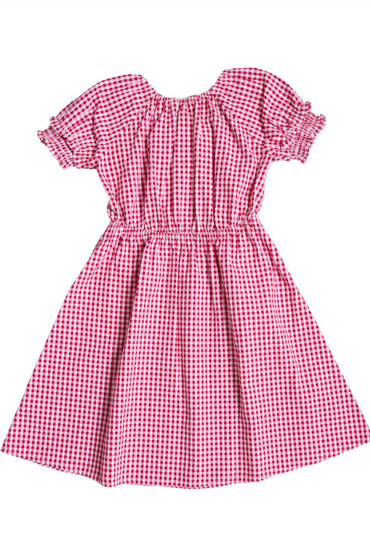 The Mini Jessie Dress in Red Gingham by Ivy City Co features short sleeves, a white checkered pattern, an elastic waist and sleeves, and a full knee-length skirt—ideal for girls’ Fourth of July outfits or Mommy and Me matching looks.