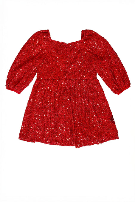 Red glitter dress with long sleeves on a white background