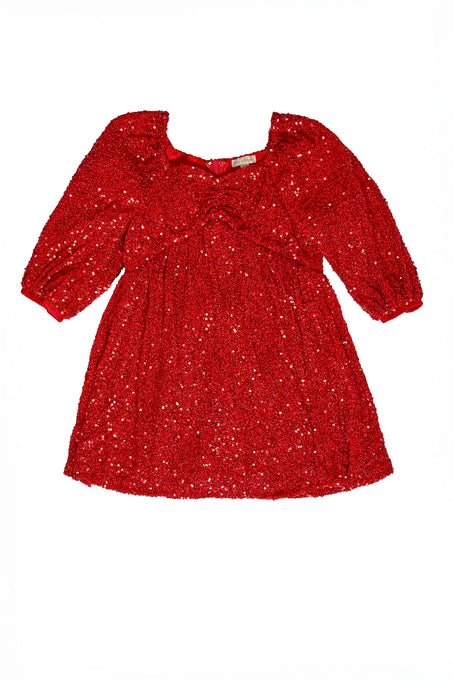 Red glittery dress with long sleeves on a white background