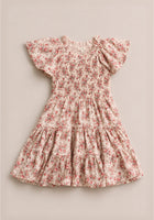 The Mini Jovie Dress in Ivory Heritage Rose by Ivy City Co is a girls' cotton midi dress with a smocked bodice, pink floral print, ruffled sleeves, and a tiered skirt—ideal for Mom and Me matching dress moments.