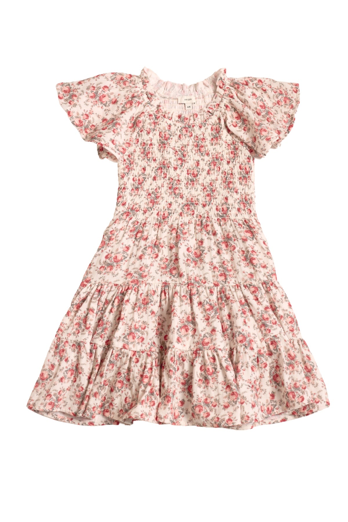 The Mini Jovie Dress in Ivory Heritage Rose by Ivy City Co is a girls’ cotton midi dress with short sleeves, smocked bodice, ruffled collar, and tiered skirt in white with pink and green floral print—ideal for charming or Mom & Me matching moments.