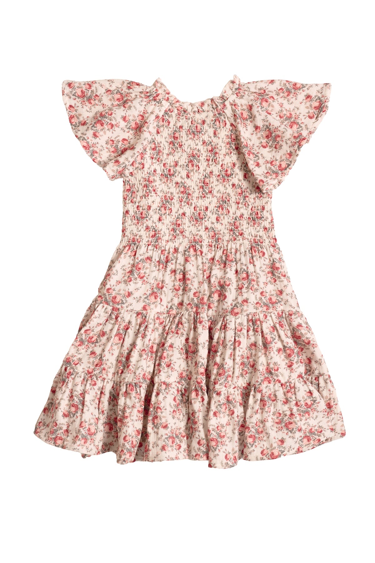 The Ivy City Co Mini Jovie Dress in Ivory Heritage Rose is a girls’ cotton midi with floral print, ruffled short sleeves, smocked bodice, and gathered tiered skirt—perfect for Mom and Me matching dress moments.