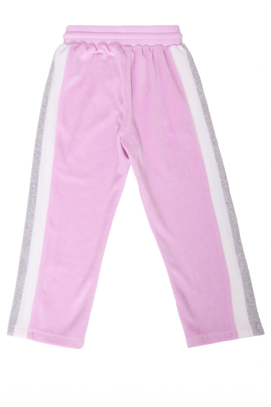 pink, white, and grey sweatpants against a white background