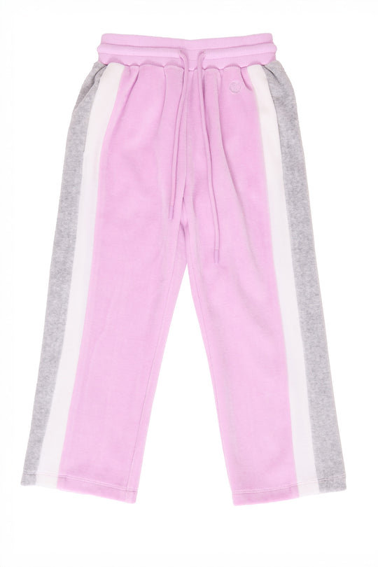pink, white, and grey sweatpants against a white background