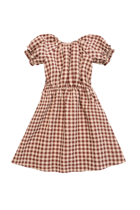 The Mini Kaitlyn Dress in Chocolate Gingham by Ivy City Co features puffed sleeves, a gathered waist, and a brown and white checkered pattern in a flattering short-sleeve, knee-length style.