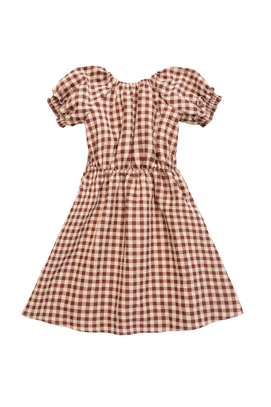 The Mini Kaitlyn Dress in Chocolate Gingham by Ivy City Co features puffed sleeves, a gathered waist, and a brown and white checkered pattern in a flattering short-sleeve, knee-length style.