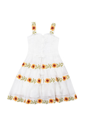 Mini Katerina Dress in White with Floral Trim